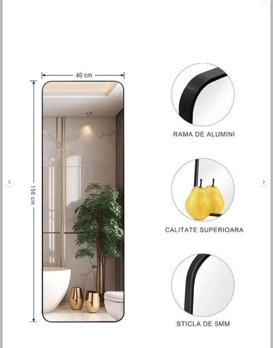 Oglindă elegantă de podea cu suport pliabil și opțiune de montare pe perete, cadru din aluminiu negru, 150x60 cm
