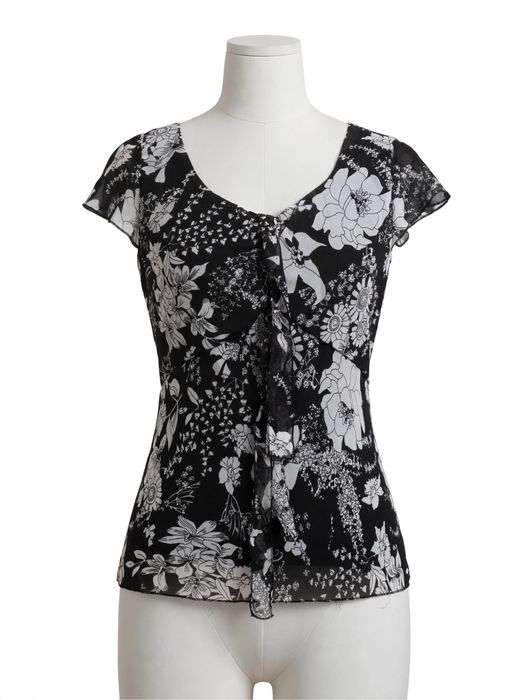 Bluza neagra voal cu flori albe si fundita - Marime M