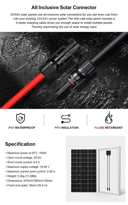 Panou solar Dokio 100W 18V rigid cu tempering glass
Greutate 1.1kg
Pro