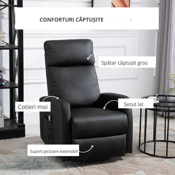 Fotoliu Recliner pentru batrani , din piele sintetica , Negru , HOMCOM
