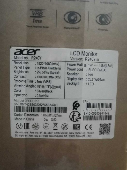 Monitor, Acer, LED, 23.8", Full HD, 100 Hz, 1 ms, Negru