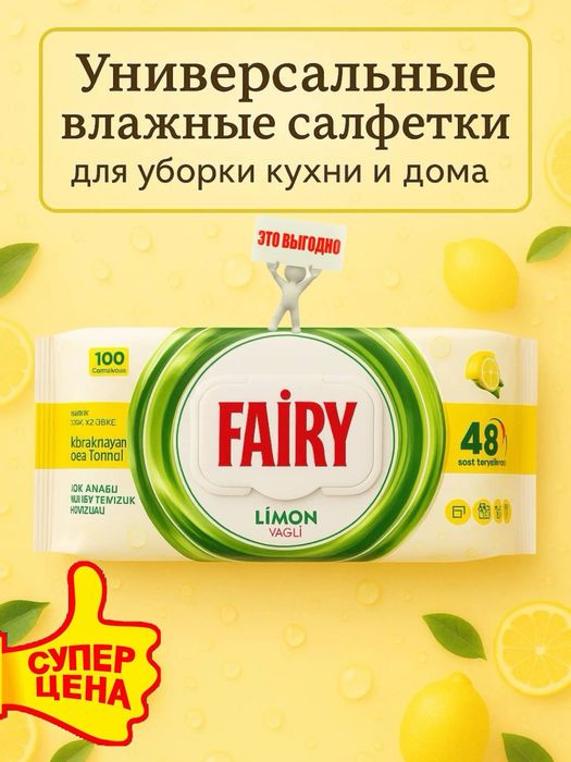 Уксусные влажные салфетки для кухни FAIRY 100 шт