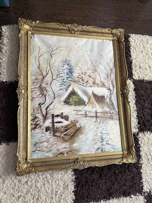 Vand tablou vechi pictat in panza rama lemn peisaj iarna [poze reale