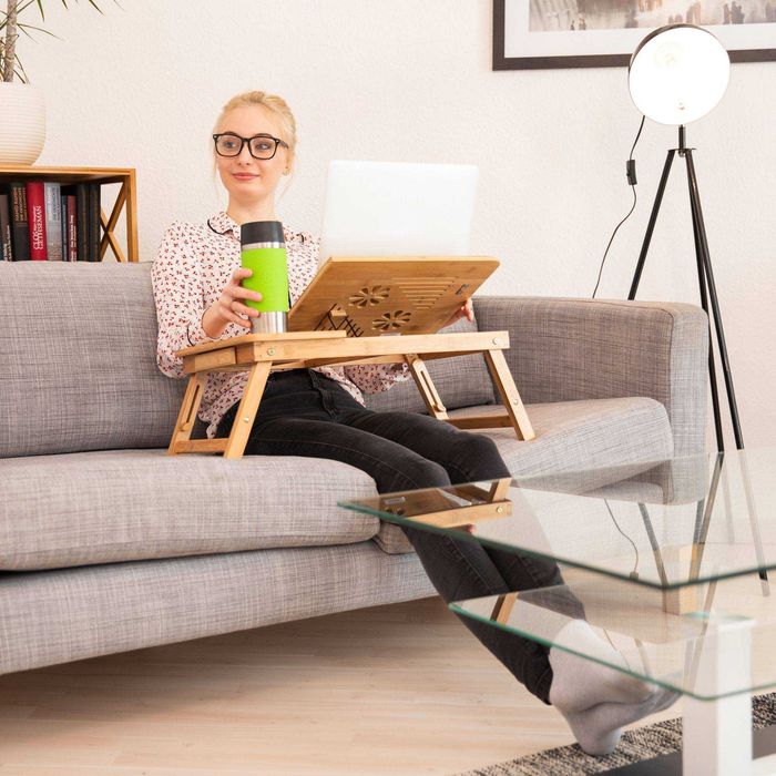 Masa laptop bambus inaltime reglabila ventilatie suport pahare sertar