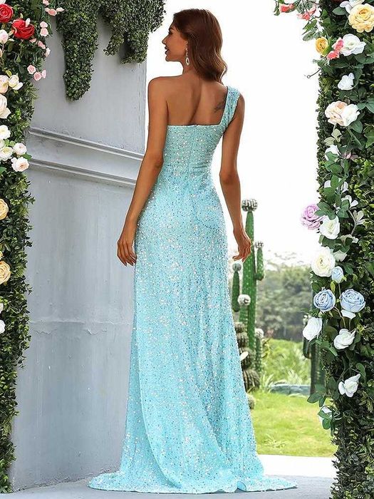 Официална дълга пайетена рокля с А-линия в небесносин цвят - М размер