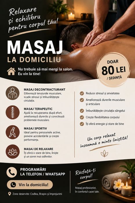 Masaj la domiciliu – doar 80 lei/ședință!