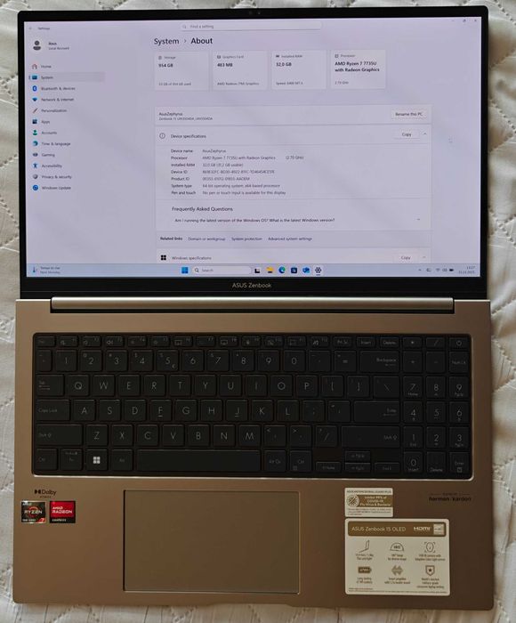 ASUS 15.6", Intel 7735U, 3K OLED, 32GB RAM, 1TB SSD, Radeon 680M