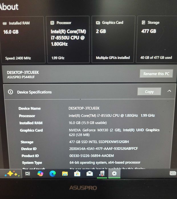 Laptop ultrabook premium AsusPro  i7-8550U/16Gb DDR4/512Gb M2 SSD/ video 2Gb MX130