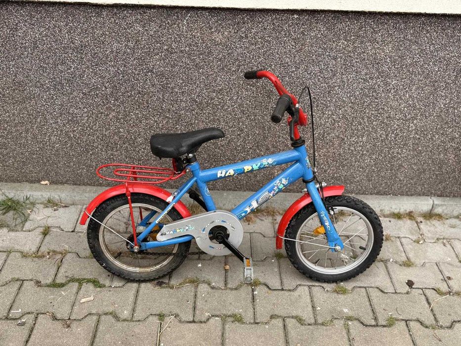 Bicicletă copii albastră cu roșu, cu cric – stare bună