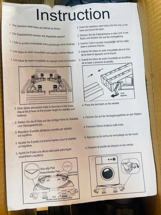 Suport pentru mașina de spălat NIUXX,două tuburi, 8 picioare și 4 roți