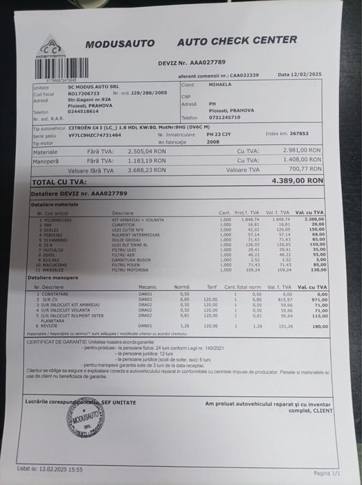 Vand Citroen  C 4 1,6 hdi 2008