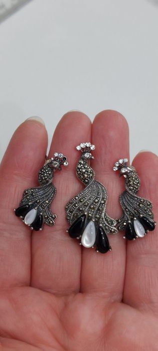 Set argint cu sidef,onix și marcasite model păun