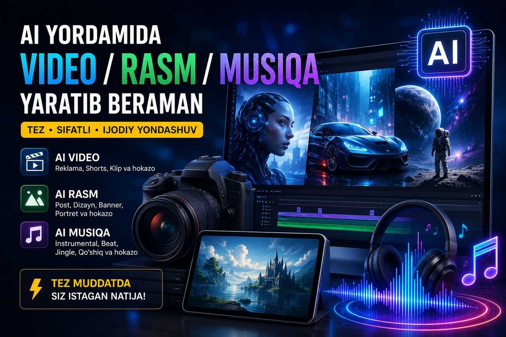 Sun'iy intellektda videolar/rasmlar/musiqa, arzon va sifatli xizmat AI
