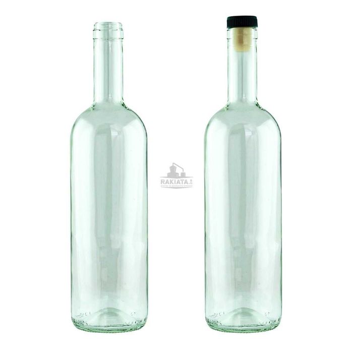 Стъклени бутилки 750 мл. за вино и ракия., 12 броя + кашон + тапи