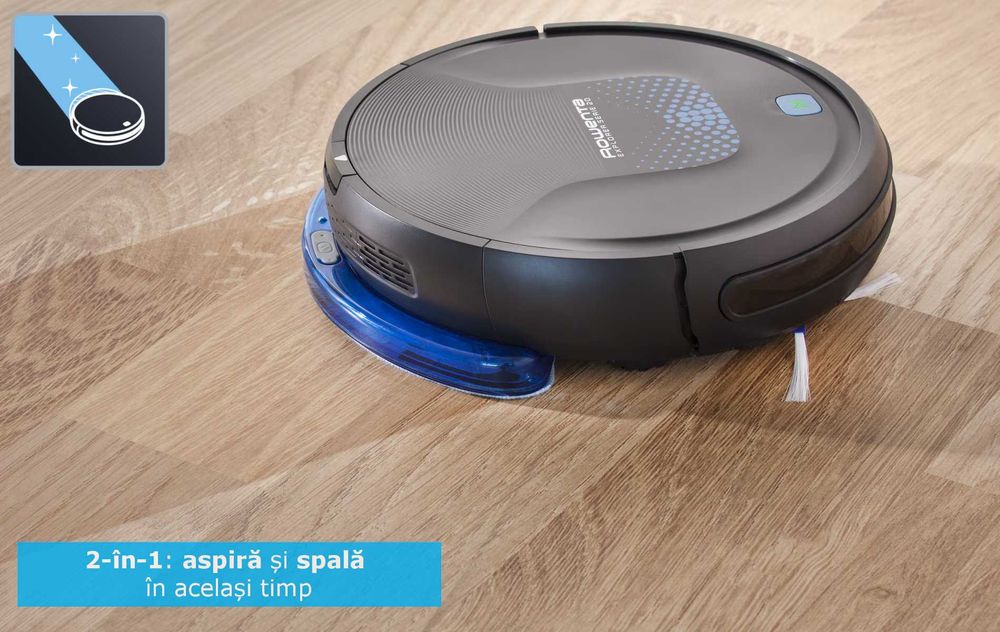 Aspirator robot folosit Rowenta X-Plorer Aqua Serie 20, sistem spălare, programabil, telecomandă, stație de încărcare, autonomie aprox. 20 min, Negru