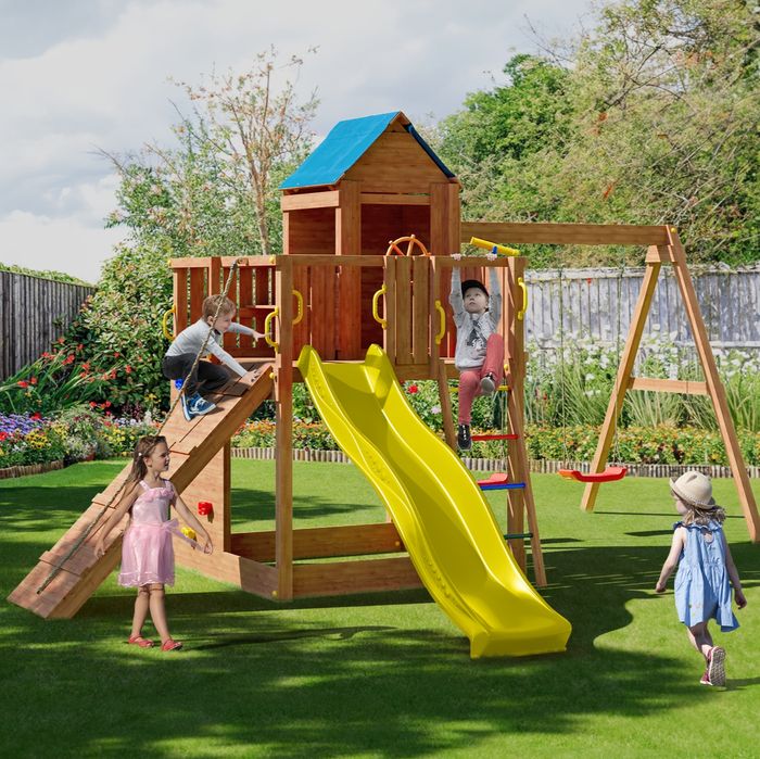 Fungoo TREEHOUSE дървена детска площадка с пързалка и люлки
