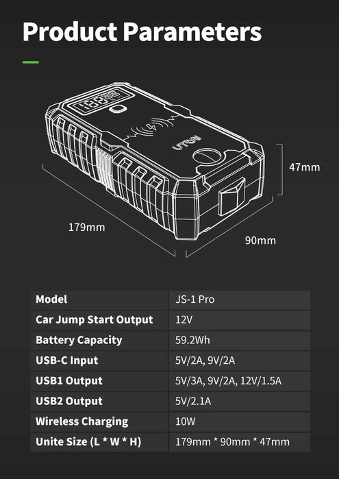 Aвариен стартер за автомобили Бустер Jumpstarter Utrai JS1-Pro 2500А