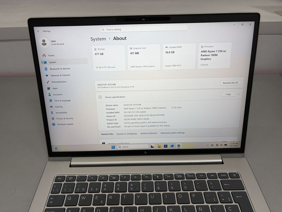 Laptop Hp EliteBook 6 G1a, 14”, AMD Ryzen 7 250w/Radeon 780M Graphics, SSD 512, RAM 16GB