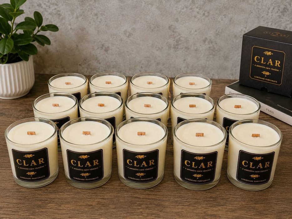Lumânare parfumată,CLAR,lucrată manual,ceară  naturală,fitil de lemn.Varianta cadou