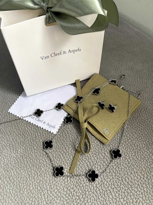 ван клиф сет бижута сребърни с черна детелина комплект van cleef колие