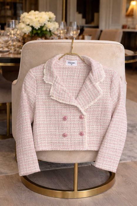 розово сако шанел туид chanel яке късо меланж без забележки