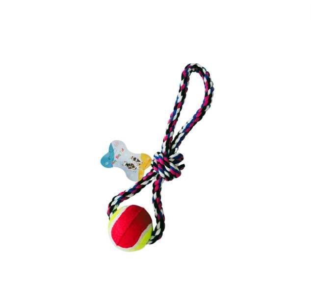 Jucărie cu funii înnodate din bumbac non-toxic si mingie de tenis