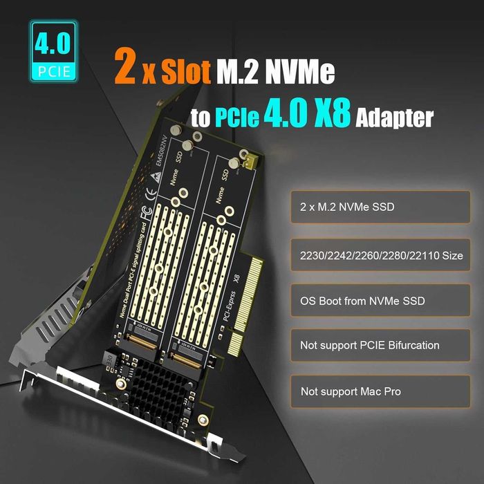 Placa Adaptor GLOTRENDS PA21 Dual M.2 NVMe PCIe 4.0 X8 Win Linux Mac