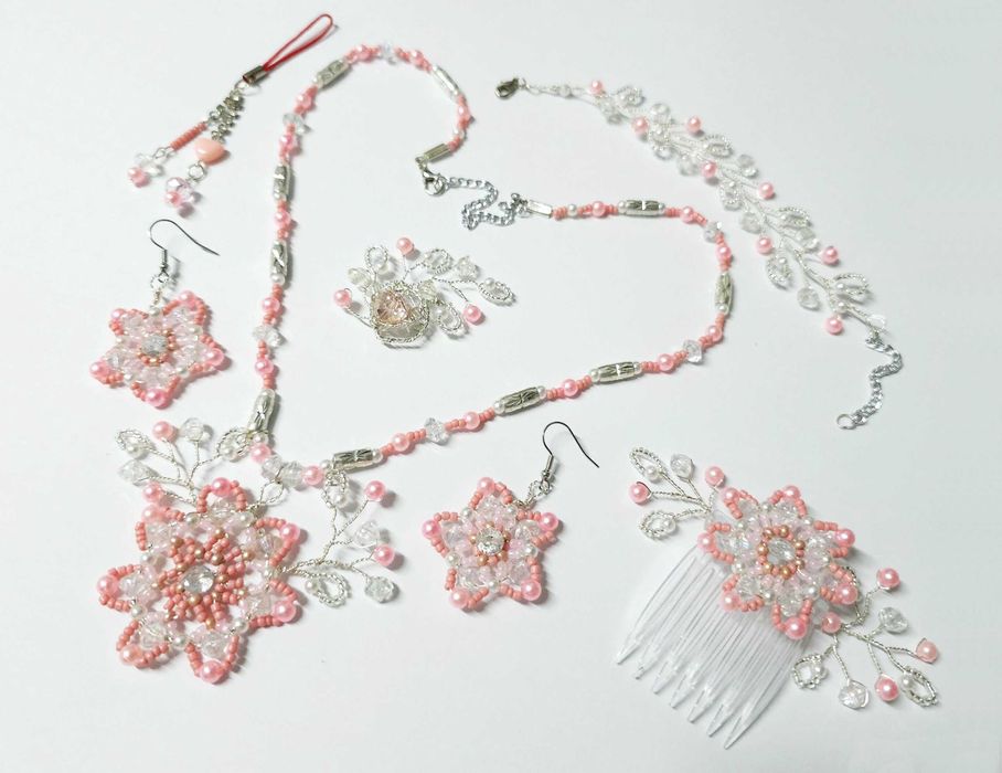 Set bijuterii unicat evenimente roz, roz-somon argintiu, lucrat manual
