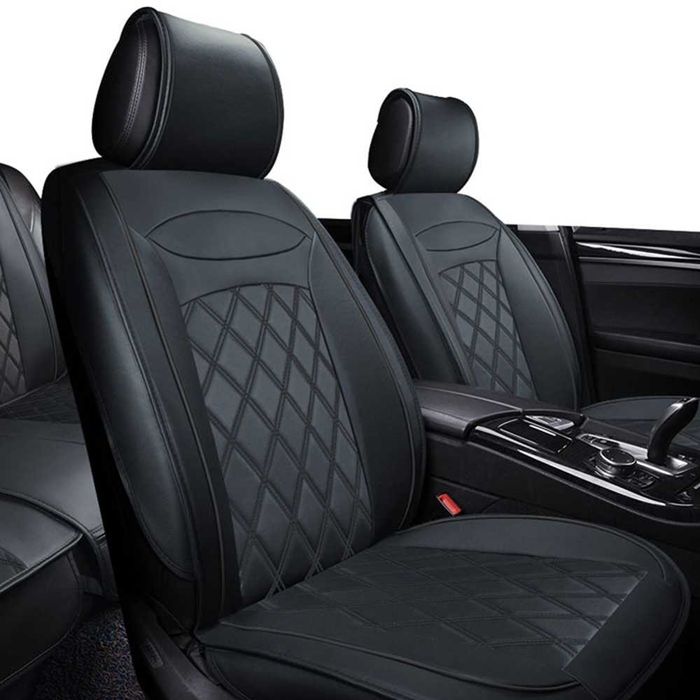 Комплект луксозна Кожена тапицерия за автомобил - Черен/Черен шев.