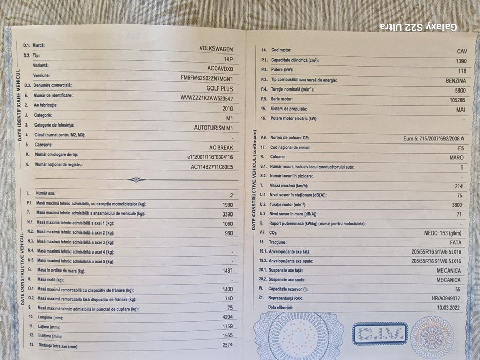 VW Golf Plus 2010, AVARIAT 1390 cm3, 118kW