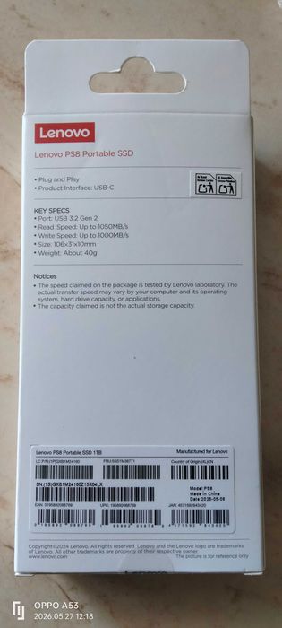 SSD extern Lenovo PS8, 1TB (read speed: 1050MB/s, write speed: 1000 MB/s, USB-C) -- Nou.