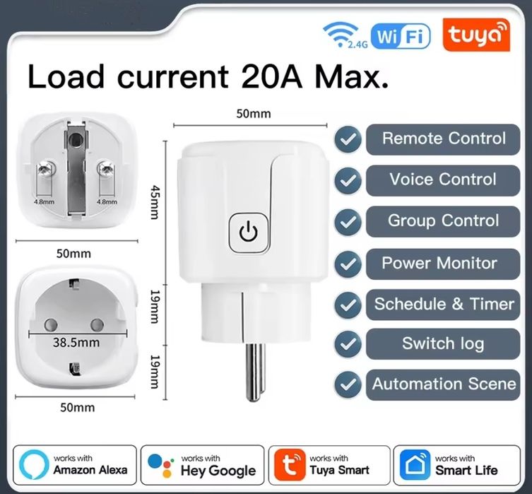 Priză Inteligentă (SmartPlug) ==> 20A  ==> Wi-Fi 2,4G Hz