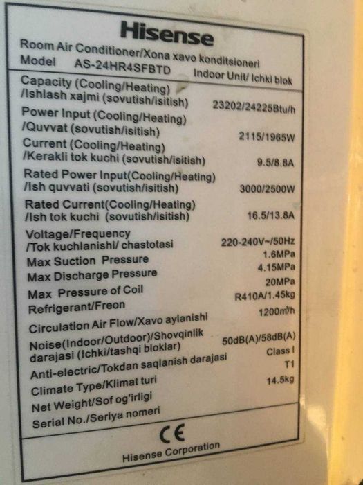 Hisense  konditsioneri sotiladi 24 talik