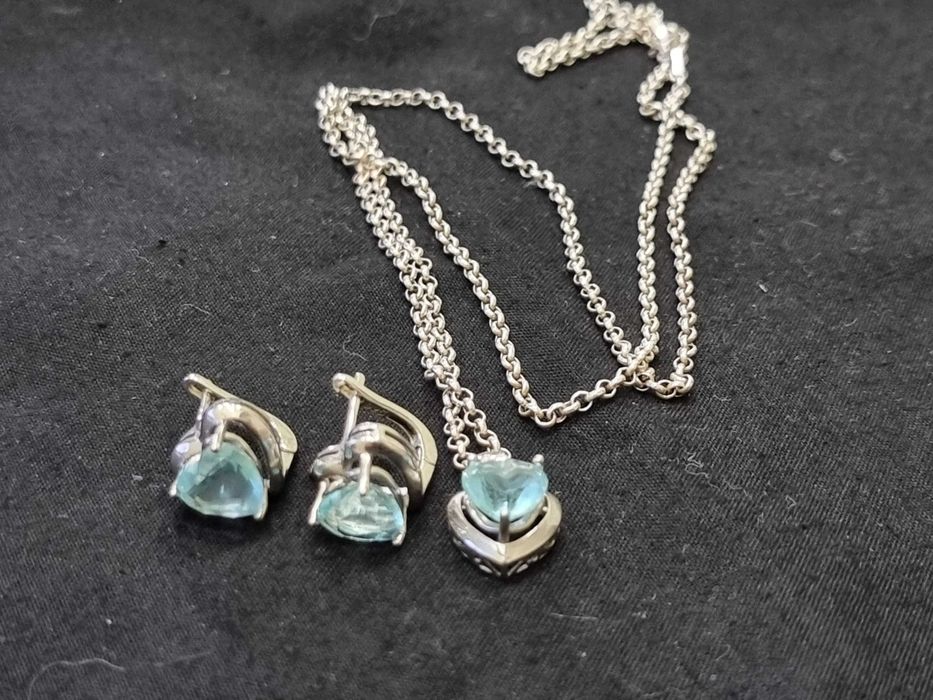 Сребърни бижута, комплект синджир, висулка и обеци,