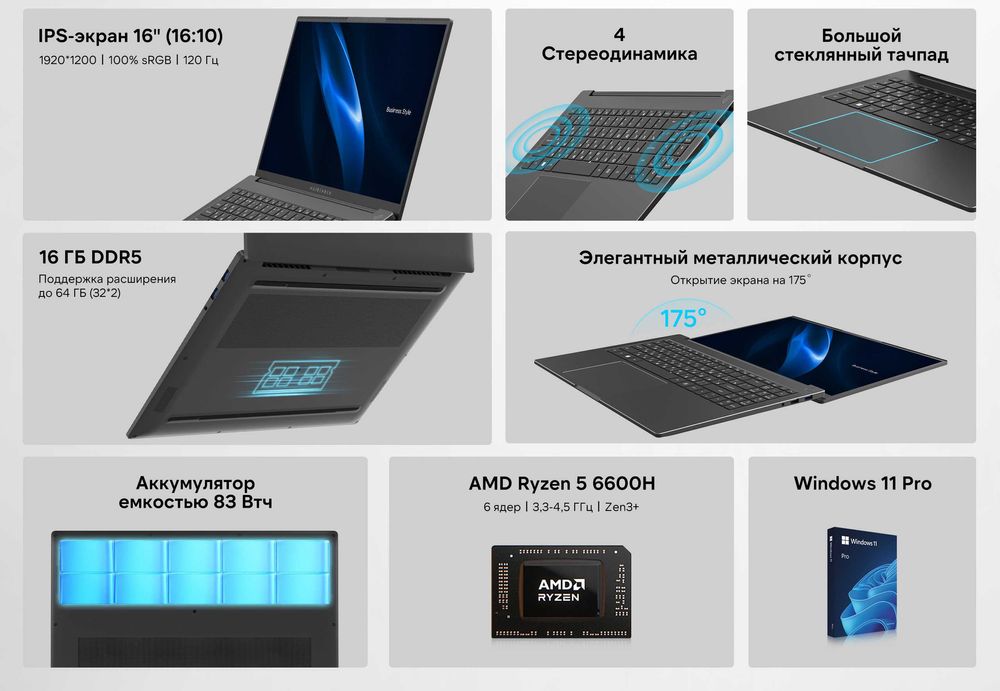 Ноутбук Maibenben 16" 1920X1200, AMD Ryzen 5 6600H, DDR5 32Gb, SSD 1Tb