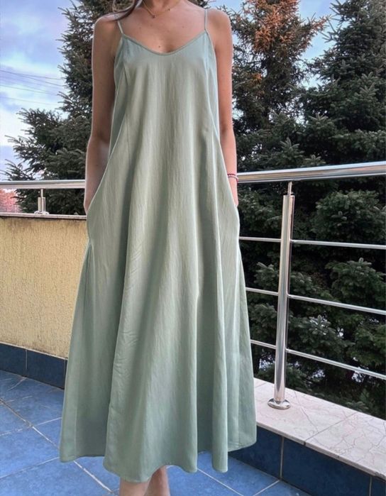 Rochie lunga Massimo Dutti clos cu bretele subtiri verde salvie XS