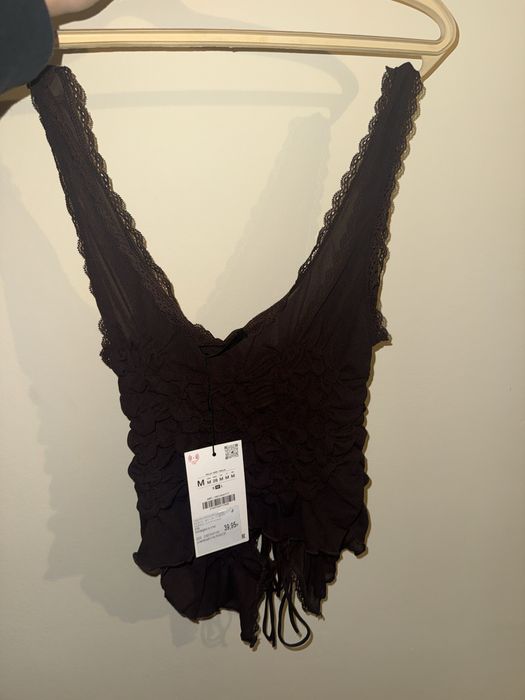 Тъмно кафяв бохо топ с дантела и връзки – ZARA (нов с етикет)