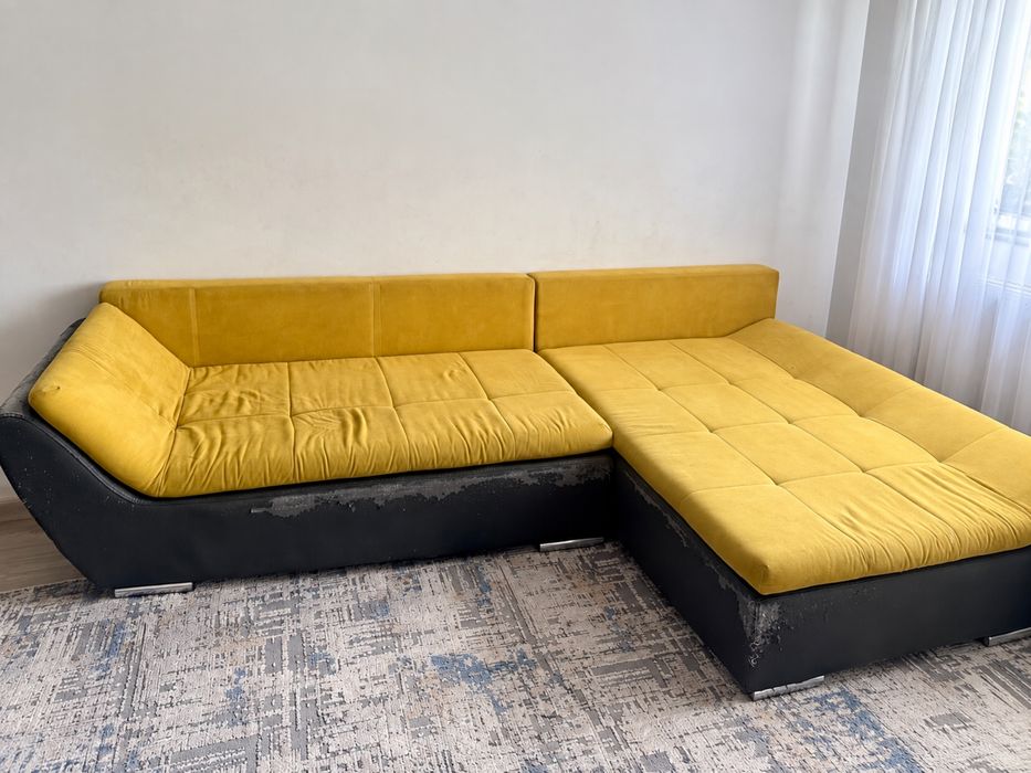 Canapea colțar extensibilă L – galben muștar, spațioasă
