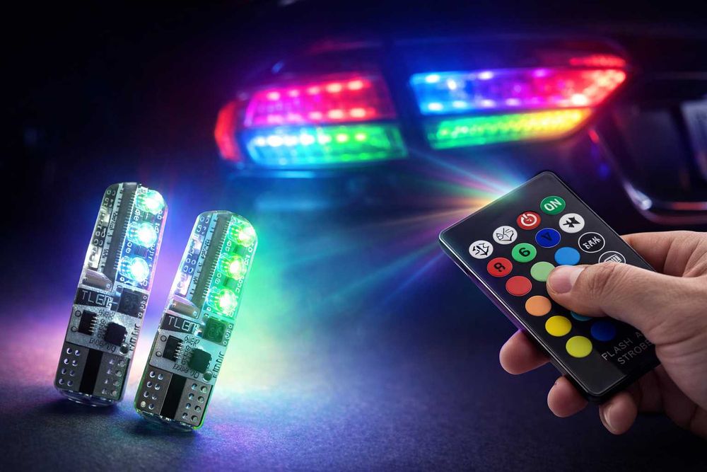 LED габаритни крушки т10 с дистанционно управление цветни