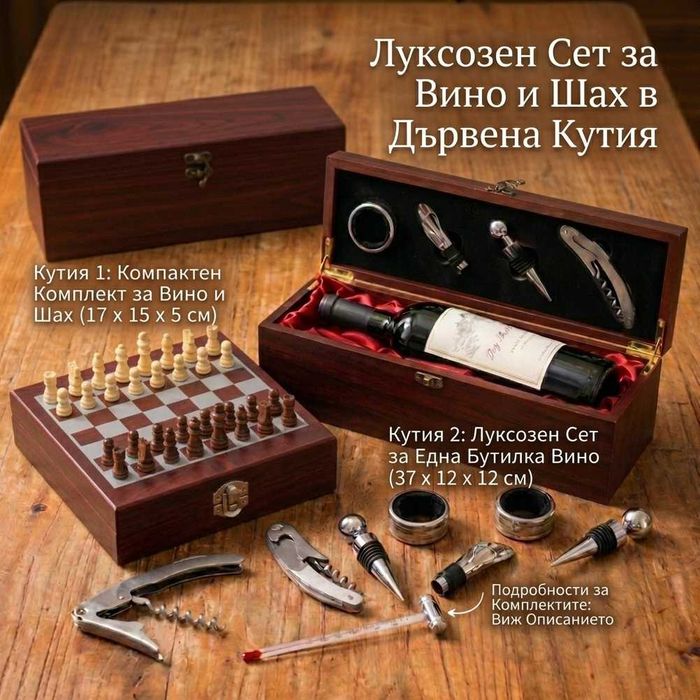 Луксозна Дървена Кутия за Вино с Комплект Аксесоари и  Шах.Сет за Вино. Подаръчна Кутия за Вино и Шахмат Kutia Vino Елегантен Комплект за Вино.Подарък