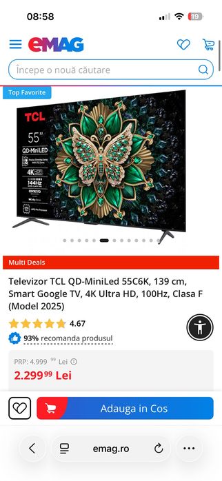 Televizor TCL QD-MiniLed 55C6K, 139 cm, Smart Google TV, 4K Ultra HD, 100Hz, Clasa F (Model 2025)