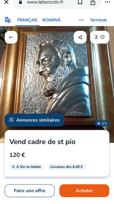 Pictura in relief Padre Pio din argint 925 semnata anii 1980