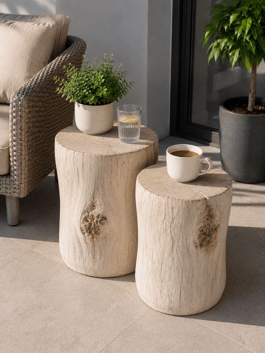 Masuta de cafea tip buturugă masa laterala din MGO, măsuță cafea interior/exterior, aspect lemn natural