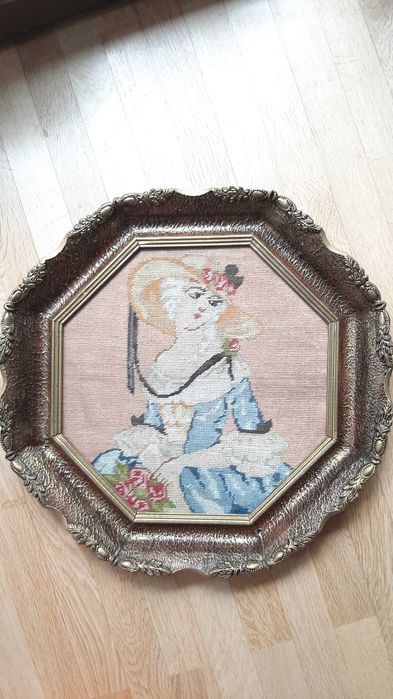 Tablou goblen-Madame de Pompadour, manual, vintage, aprox. 100 de ani