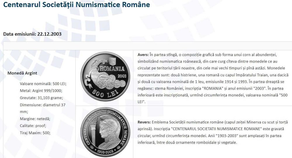 Moneda BNR 500 lei argint Societatea Numismatica gradata NGC PF 68