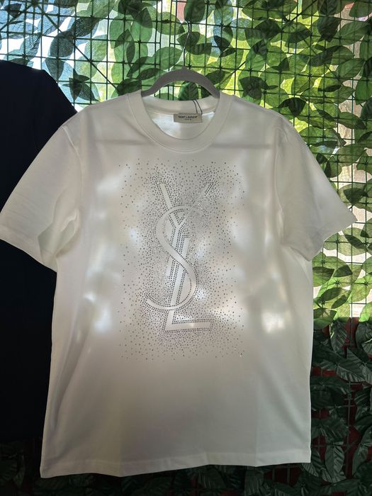 Tricou  Saint Laurent alb cu cristale – Premium s-xxl