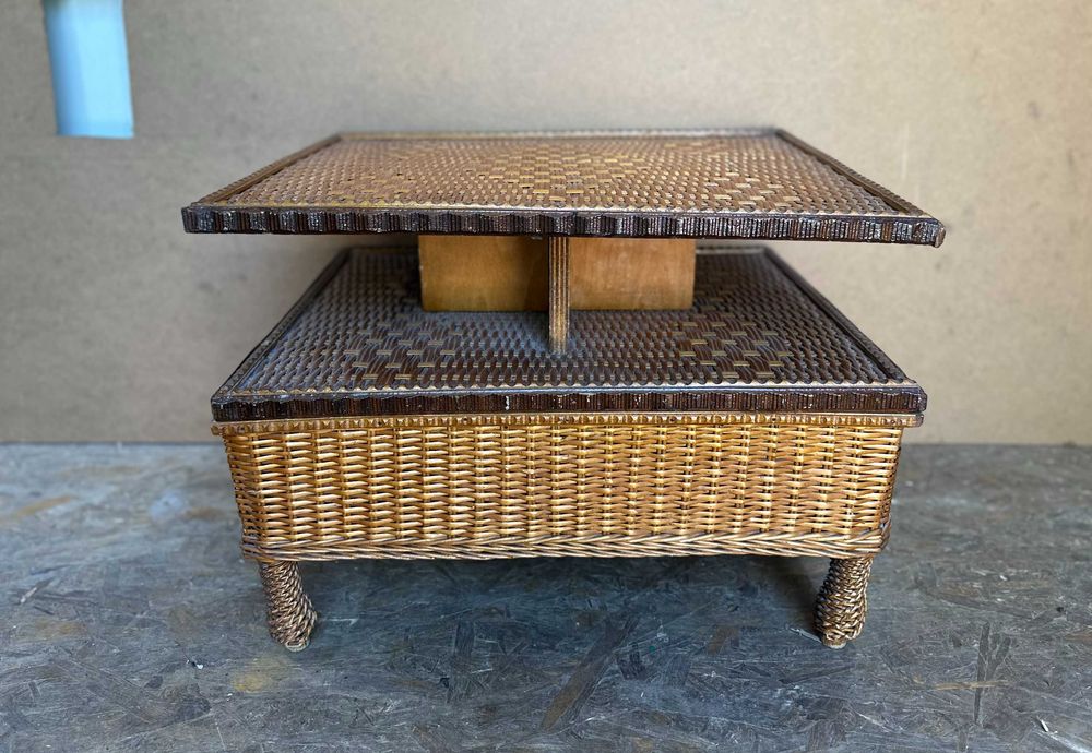Masuta de cafea Vintage din ratan; Masuta cu blat 62x52 cm; Masa