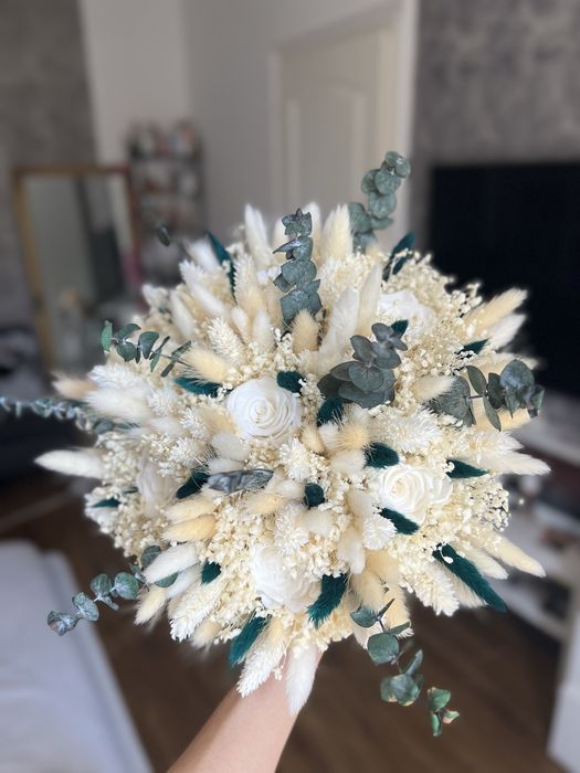 Buchet cununie/nunta din trandafiri naturali criogenati si flori uscate