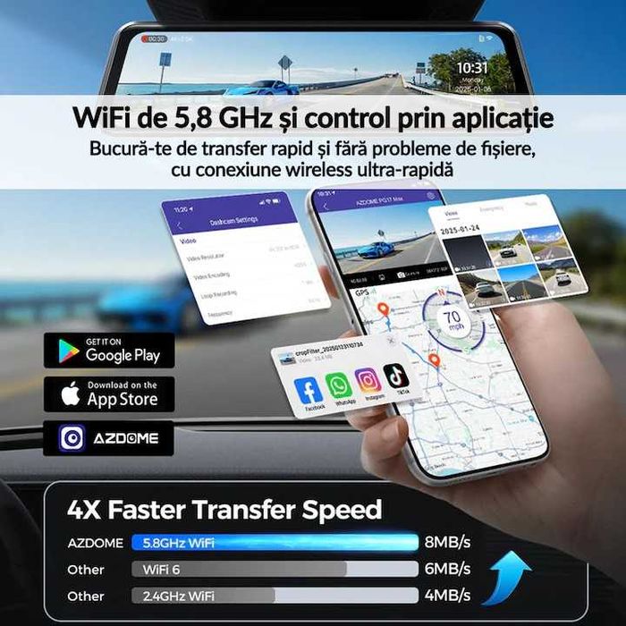 Видеорегистратор AZDOME PG17 4K+FHD, WiFi 6, GPS