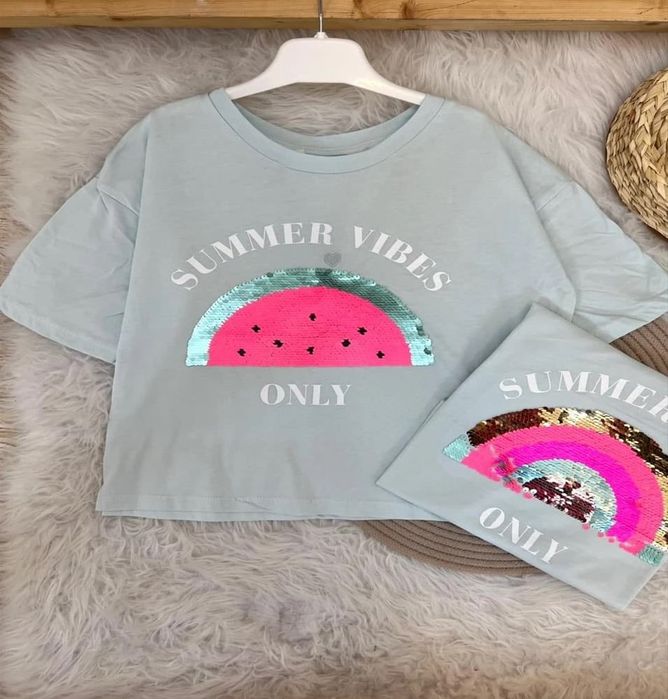 НОВА скъсена тениска с пайети H&M, р-р 158/164